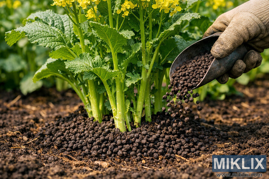 Gloved hand using a metal scoop to spread dark organic fertilizer pellets around the base of green mustard plants in a garden bed.