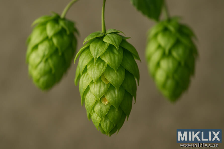 Close-up of Northern Brewer hop cones with curled bracts revealing golden lupulin glands under soft diffuse light.