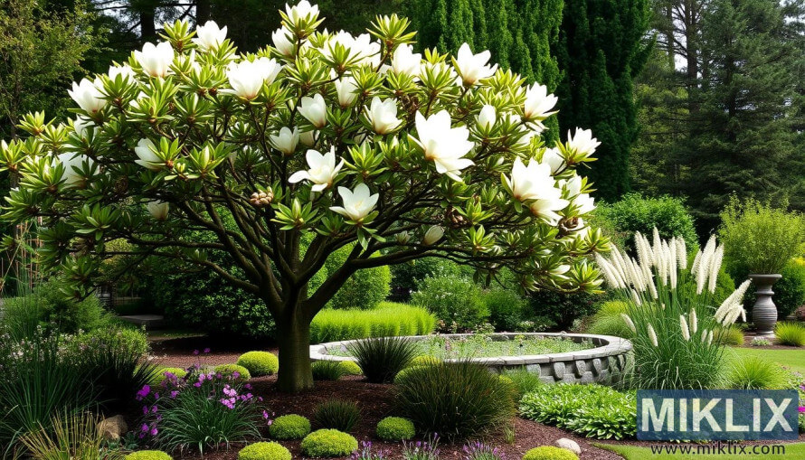 Magnolia tree with large white flowers as the centerpiece of a landscaped garden surrounded by lush greenery and flowering plants.