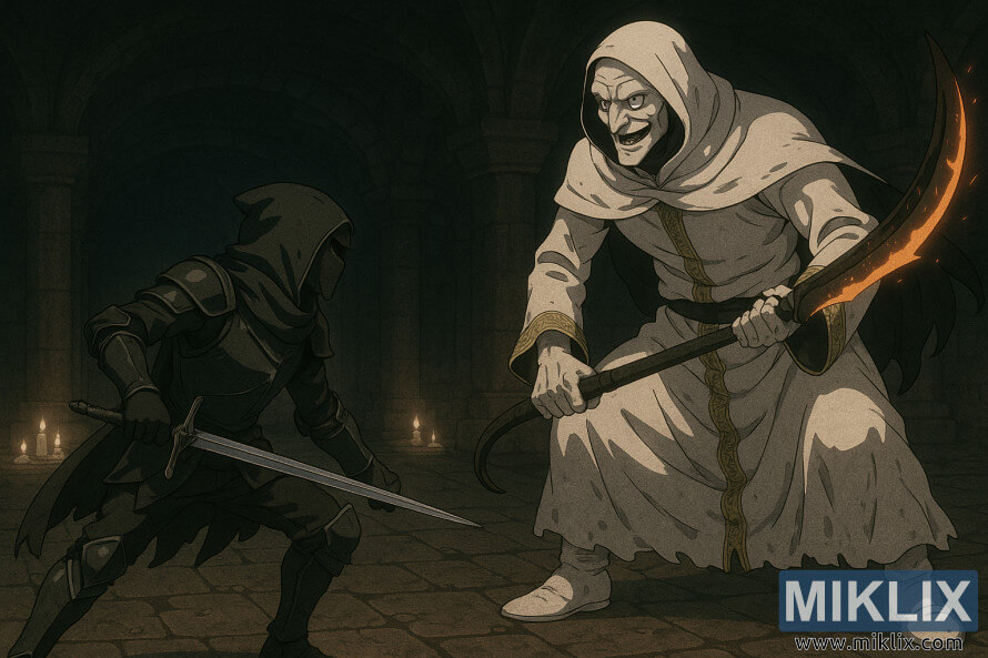 Anime stÃ­lusÃº jelenet, amelyben a Fekete KÃ©spÃ¡ncÃ©lzatÃº Tarnished Knife pÃ¡ncÃ©l a magas, nyurga IstenbÅr Apostollal nÃ©z szembe egy fÃ¶ldalatti kÅkamrÃ¡ban.