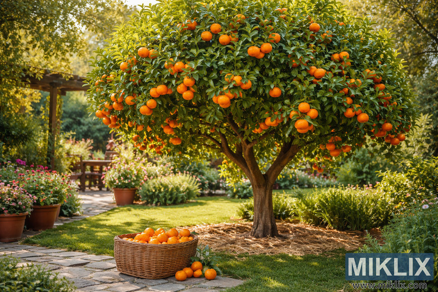 A mature tangerine tree heavy with bright orange fruit stands in a lush home garden, with a basket of harvested tangerines on a stone path in warm afternoon light.