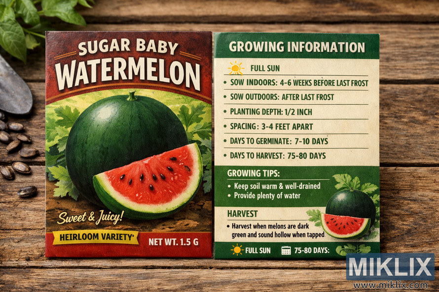 Seed packet for Sugar Baby watermelon with illustration of whole and sliced melon and detailed growing information on the back. Seed packet for Sugar Baby watermelon with illustration of whole and sliced melon and detailed growing information on the back.
