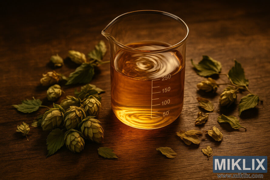 Un bÃ©cher en verre avec un liquide dorÃ© tourbillonnant entourÃ© de cÃ´nes de houblon sÃ©chÃ©s et de feuilles sur une table en bois rustique sous une lumiÃ¨re chaude.