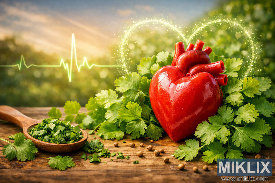 A vibrant red heart surrounded by fresh cilantro leaves and coriander seeds on a rustic wooden surface, with a glowing green EKG line and warm sunlight in the background symbolizing cardiovascular health. A vibrant red heart surrounded by fresh cilantro leaves and coriander seeds on a rustic wooden surface, with a glowing green EKG line and warm sunlight in the background symbolizing cardiovascular health.