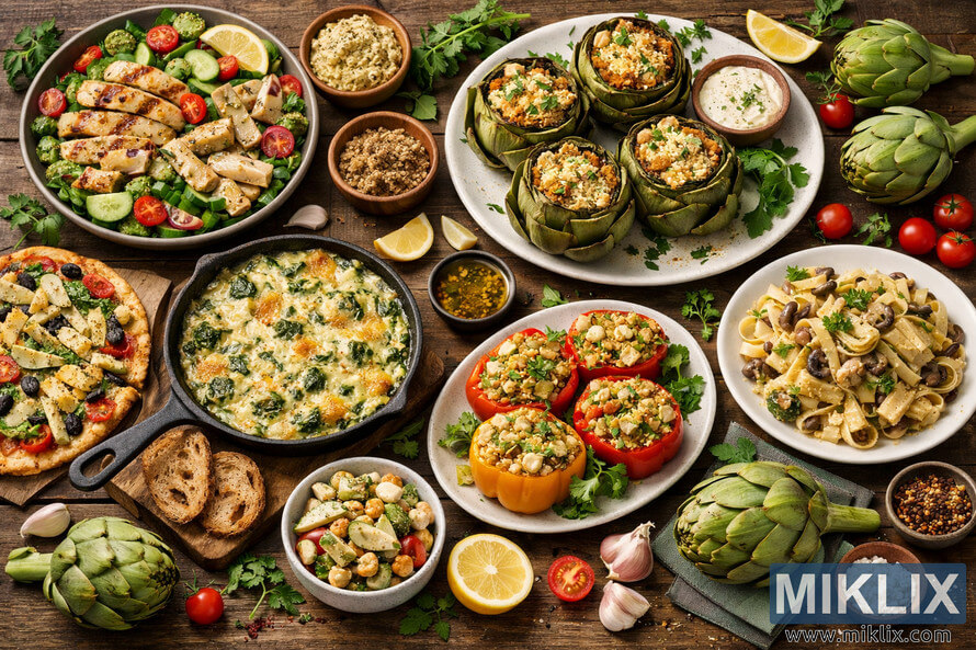 Overhead view of a rustic wooden table covered with a variety of artichoke-based dishes, including a grilled chicken and artichoke salad, hummus, baked stuffed artichokes with dipping sauce, a bubbling spinach and artichoke dip in a cast iron skillet with toasted whole-grain bread. Overhead view of a rustic wooden table covered with a variety of artichoke-based dishes, including a grilled chicken and artichoke salad, hummus, baked stuffed artichokes with dipping sauce, a bubbling spinach and artichoke dip in a cast iron skillet with toasted whole-grain bread.