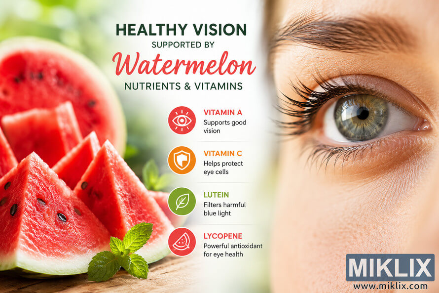 Landscape health illustration featuring fresh watermelon slices on the left, educational nutrient information in the center, and a detailed close-up of a human eye on the right, visually representing how watermelon nutrients and vitamins support healthy vision. Landscape health illustration featuring fresh watermelon slices on the left, educational nutrient information in the center, and a detailed close-up of a human eye on the right, visually representing how watermelon nutrients and vitamins support healthy vision.