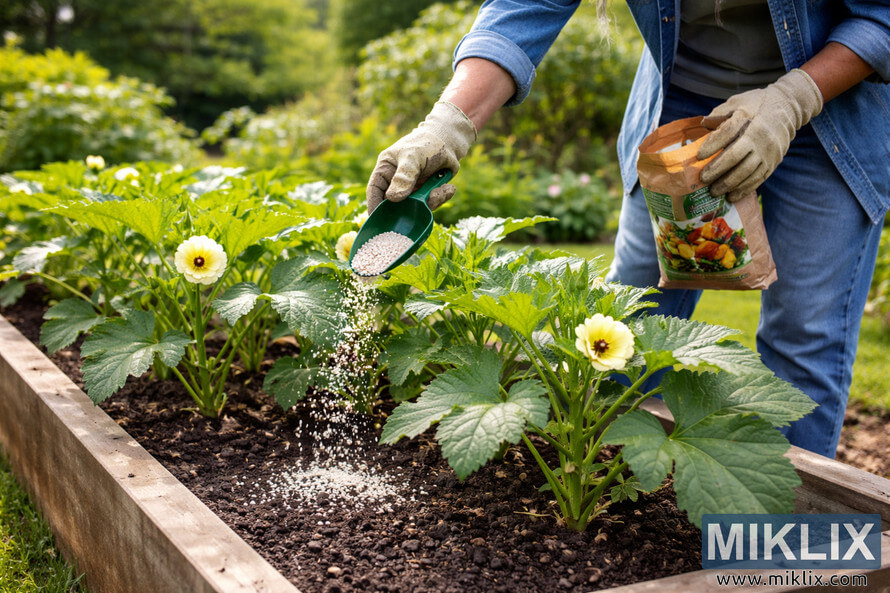 Gardener sprinkling granular fertilizer onto soil in a raised bed filled with healthy green okra plants and yellow blossoms.