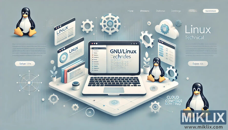 Laptop with GNU/Linux guides, Tux mascots, gears, and cloud icons representing technical documentation. Laptop with GNU/Linux guides, Tux mascots, gears, and cloud icons representing technical documentation.