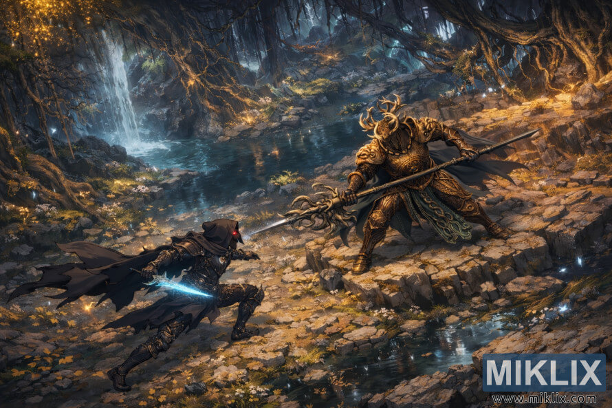 Isometrisk anime-fanart af Tarnished in Black Knife-rustningen, der kÃ¦mper mod Crucible Knight Siluria i den glÃ¸dende hule i Deeproot Depths.