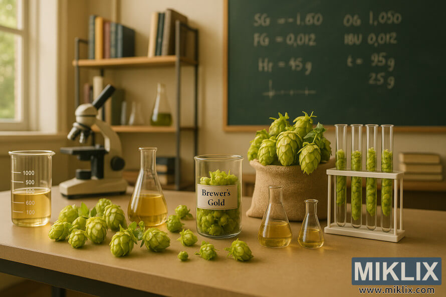 Banco da lavoro da laboratorio con luppoli Brewer's Gold, becher e attrezzatura per la produzione di birra, illuminati da luce calda.