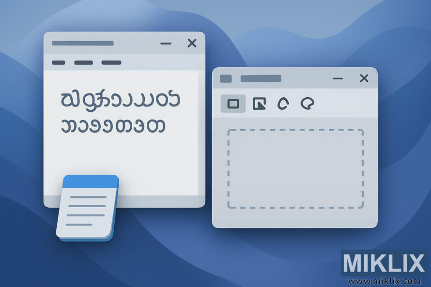 Modern Windows 11–style illustration showing overlapping Notepad and Snipping Tool windows with unreadable pseudo-text and minimalist icons on a blue abstract background.