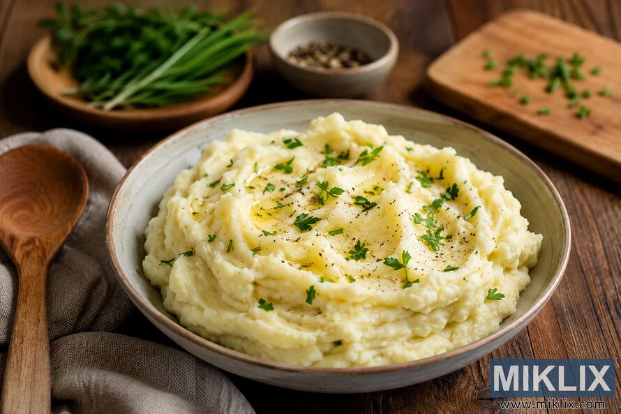 Creamy herb-infused mashed potatoes served in a rustic ceramic bowl with melted butter, fresh herbs, black pepper, a wooden spoon, linen napkin, and blurred kitchen ingredients on a rustic wooden table. Creamy herb-infused mashed potatoes served in a rustic ceramic bowl with melted butter, fresh herbs, black pepper, a wooden spoon, linen napkin, and blurred kitchen ingredients on a rustic wooden table.