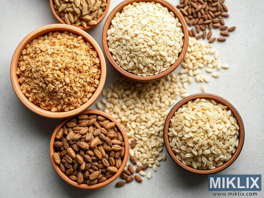 Puisia kulhoja, jotka on tÃ¤ytetty erilaisilla viljoilla ja siemenillÃ¤, mukaan lukien kauraa, paisutettuja jyviÃ¤ ja tÃ¤ysjyvÃ¤viljaa, vaalealla alustalla.