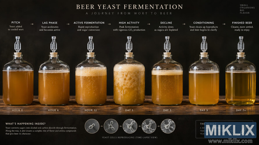 Infographic showing seven beer yeast fermentation stages from hour 0 to day 7+, with glass fermenters progressing from cloudy wort through vigorous foaming to clear golden beer.