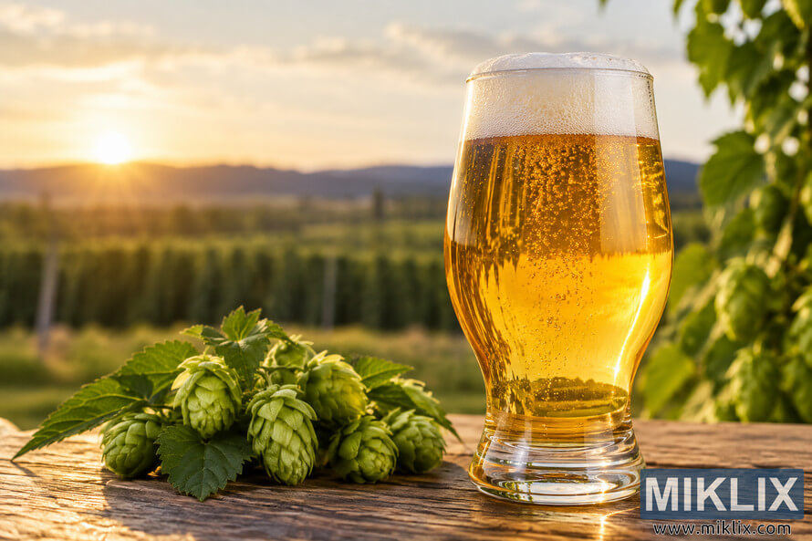 Golden craft beer with a foamy white head beside fresh green hop cones on a rustic wooden table, with a softly blurred hop field and warm sunset in the background. Golden craft beer with a foamy white head beside fresh green hop cones on a rustic wooden table, with a softly blurred hop field and warm sunset in the background.