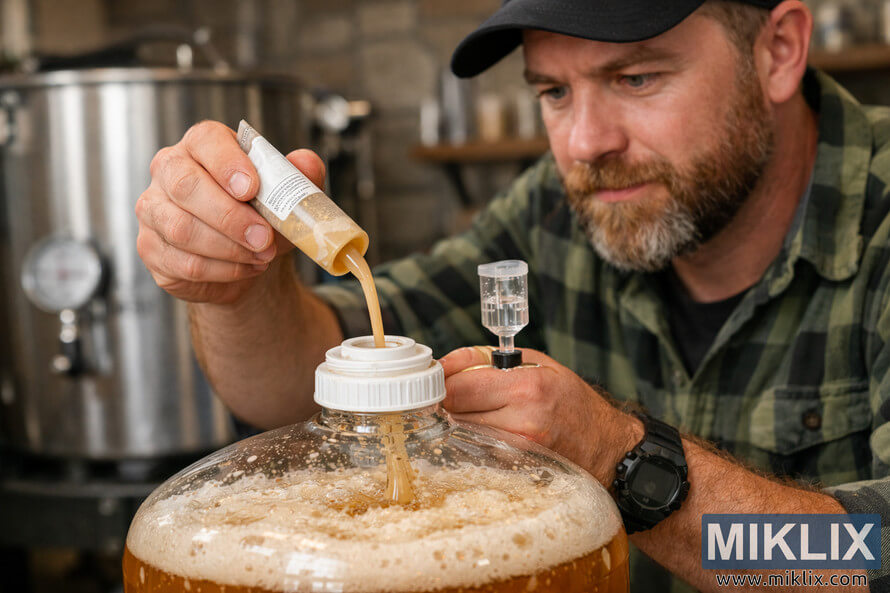 A focused American homebrewer pours liquid yeast into a fermentation vessel containing pale ale wort, surrounded by home brewing equipment in a warm, rustic setting.