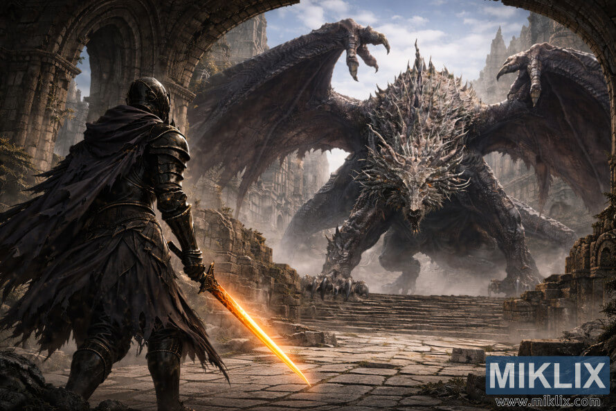 Ksatria fantasi poék anu realistis nganggo pedang oranyeu anu hurung nyanghareupan wyvern raksasa di jero reruntuhan katedral gotik sateuacan perang Ksatria fantasi poék anu realistis nganggo pedang oranyeu anu hurung nyanghareupan wyvern raksasa di jero reruntuhan katedral gotik sateuacan perang