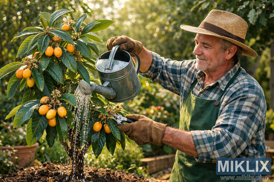 An experienced gardener waters and prunes a small loquat tree with ripe orange fruit in a sunlit garden. An experienced gardener waters and prunes a small loquat tree with ripe orange fruit in a sunlit garden.