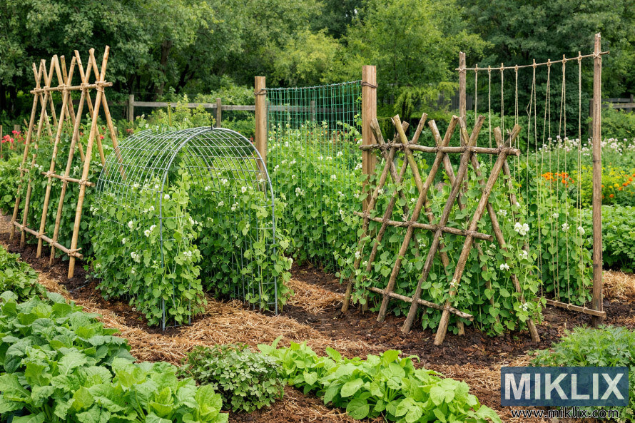 Landscape photo showing several different pea trellis systems made from bamboo, wire mesh, wood, and string, supporting healthy green pea plants in a garden. Landscape photo showing several different pea trellis systems made from bamboo, wire mesh, wood, and string, supporting healthy green pea plants in a garden.