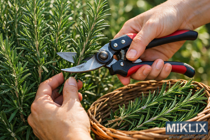 Close-up of hands using pruning shears to cut fresh rosemary stems in a sunlit garden, with a wicker basket of harvested sprigs in the lower right corner and lush green rosemary plants filling the background. Close-up of hands using pruning shears to cut fresh rosemary stems in a sunlit garden, with a wicker basket of harvested sprigs in the lower right corner and lush green rosemary plants filling the background.
