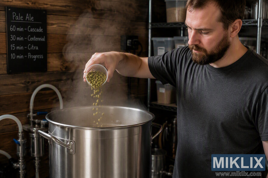 A homebrewer pours green hop pellets identified as Progress hops from a clear container into a large stainless steel brewing kettle surrounded by rising steam in a rustic home brewery. Wooden wall panels, brewing equipment, storage shelves, and a chalkboard recipe schedule are visible in the background. A homebrewer pours green hop pellets identified as Progress hops from a clear container into a large stainless steel brewing kettle surrounded by rising steam in a rustic home brewery. Wooden wall panels, brewing equipment, storage shelves, and a chalkboard recipe schedule are visible in the background.