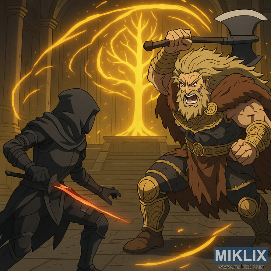 Szene im Anime-Stil: Ein Krieger des Schwarzen Messers kämpft gegen Godfrey, den Ersten Eldenlord, vor einem leuchtend goldenen Baum am Eldenthron. Szene im Anime-Stil: Ein Krieger des Schwarzen Messers kämpft gegen Godfrey, den Ersten Eldenlord, vor einem leuchtend goldenen Baum am Eldenthron.