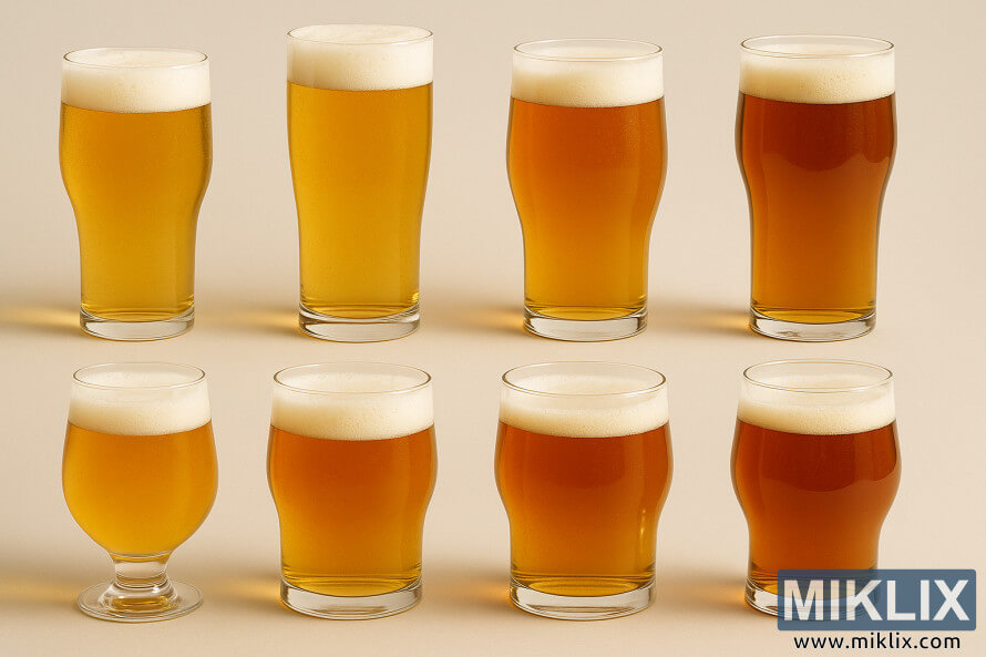 Zestaw kufli do piwa typu lager w rÃ³Å¼nych odcieniach zÅota i bursztynu, podkreÅlajÄcych smak piwa droÅ¼dÅ¼owego M84.