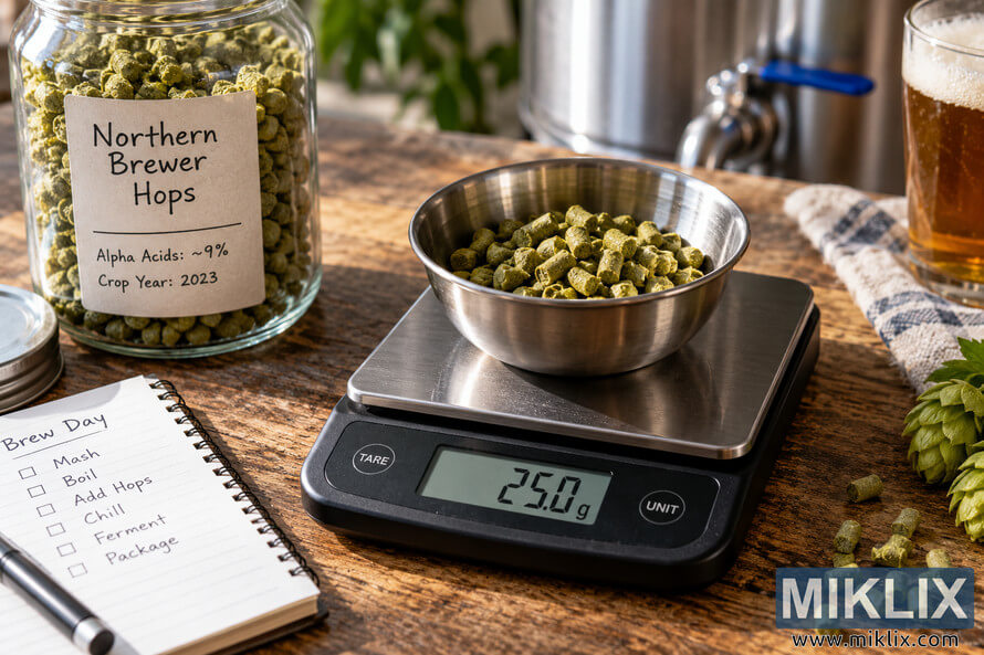 Close-up of green Northern Brewer hop pellets in a stainless-steel bowl on a digital brewing scale reading 25.0 g, with a jar of hops, brew-day notebook, brewing kettle, hop cones, and a glass of amber beer on a rustic wooden table.
