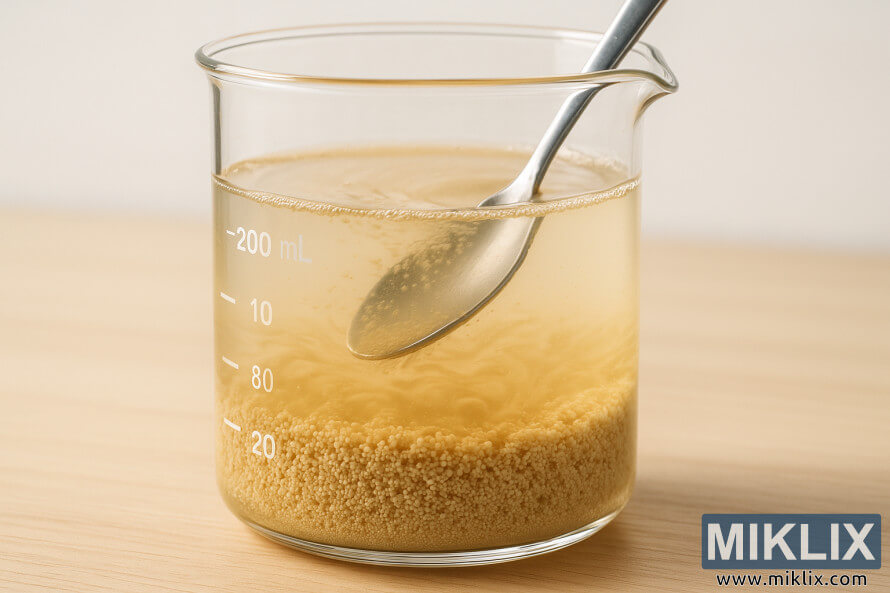 Yisti granules rehydrating a cikin gilashin beaker, zuga tare da cokali karkashin taushi haske.