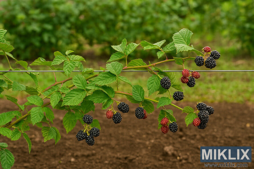 MÃ»rier aux tiges arquÃ©es soutenues par du fil de fer, portant des baies mÃ»res et vertes dans un jardin