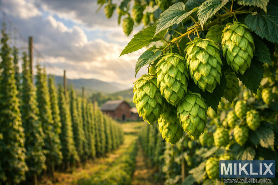 Close-up of vibrant green Cerera hop cones hanging from a trellis in the foreground, with rows of hop vines, rolling hills, and a rustic barn under a softly lit late afternoon sky.
