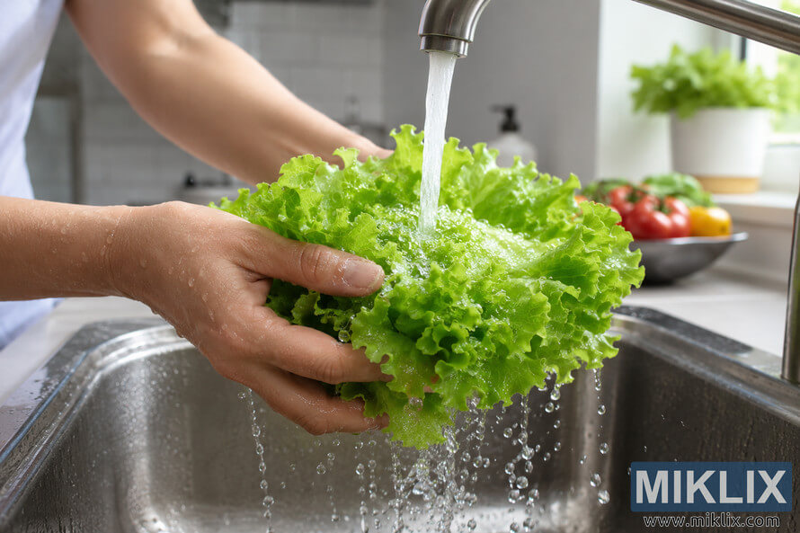 Close-up photograph of a person washing fresh green lettuce under running water in a stainless steel kitchen sink, with water droplets splashing and natural daylight illuminating the clean kitchen environment. Close-up photograph of a person washing fresh green lettuce under running water in a stainless steel kitchen sink, with water droplets splashing and natural daylight illuminating the clean kitchen environment.