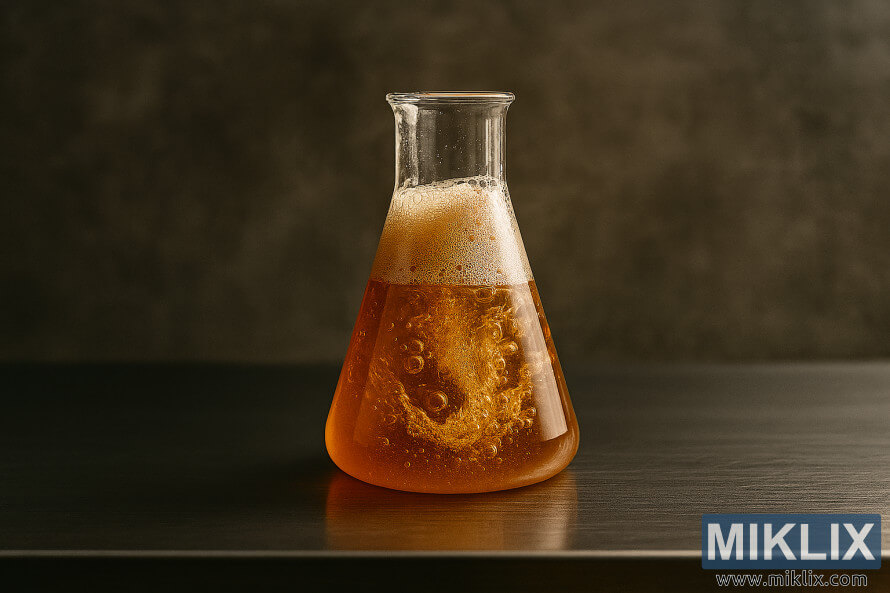 Close-up van een glazen beker met schuimende amberkleurige vloeistof op een roestvrijstalen laboratoriumtafel Close-up van een glazen beker met schuimende amberkleurige vloeistof op een roestvrijstalen laboratoriumtafel