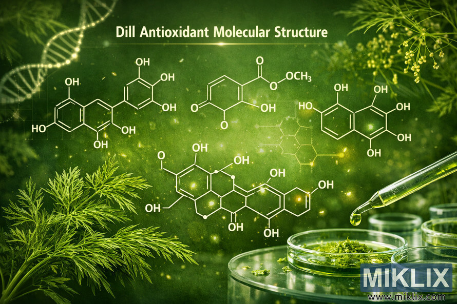 Scientific illustration showing the molecular structure of dill antioxidants and flavonoids on a green background, with a fresh sprig of dill in the lower left, glowing molecular diagrams in the center, a DNA helix and hexagonal patterns in the background, and petri dishes with green dill extract and a glass dropper in the lower right. Scientific illustration showing the molecular structure of dill antioxidants and flavonoids on a green background, with a fresh sprig of dill in the lower left, glowing molecular diagrams in the center, a DNA helix and hexagonal patterns in the background, and petri dishes with green dill extract and a glass dropper in the lower right.