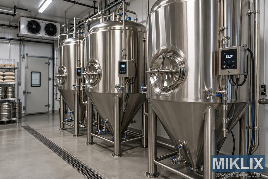 Temperature-controlled brewery fermentation room with stainless-steel conical tanks, cooling equipment, piping, valves, and digital displays reading about 18Â°C.