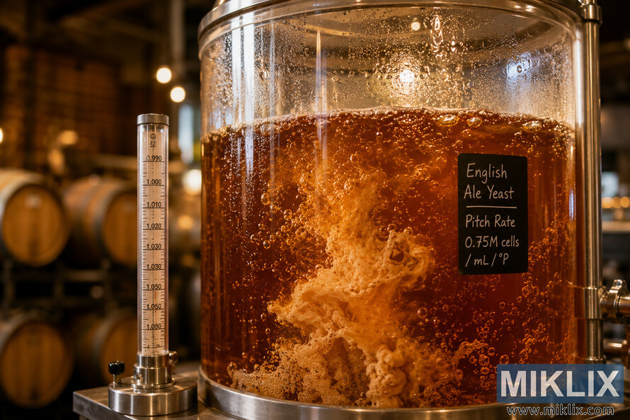 Close-up of a fermentation vessel filled with bubbling amber beer and swirling English ale yeast beside a hydrostatic measuring tool in a warmly lit brewery.