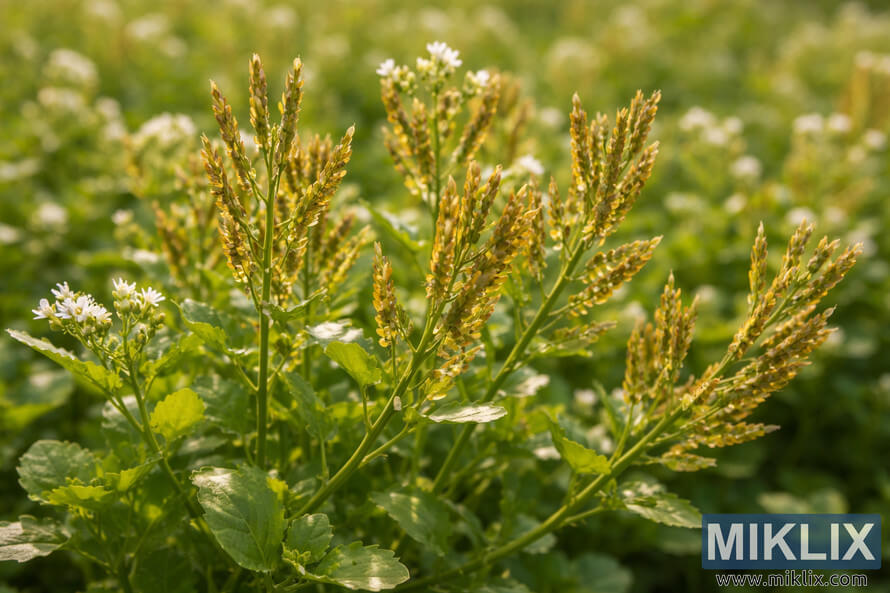 Mature watercress seed pods turning golden among green stems and small white flowers in a sunlit field.
