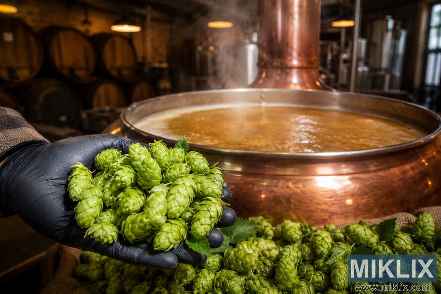 Close-up of a gloved hand holding fresh green hop cones in front of a steaming copper brewing kettle filled with golden liquid inside a warmly lit rustic craft brewery with softly blurred wooden barrels and brewing equipment in the background. Close-up of a gloved hand holding fresh green hop cones in front of a steaming copper brewing kettle filled with golden liquid inside a warmly lit rustic craft brewery with softly blurred wooden barrels and brewing equipment in the background.