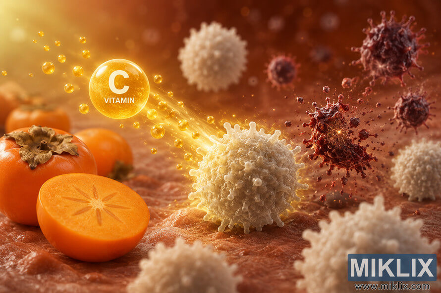 Hyper-realistic microscopic illustration of glowing immune system cells strengthened by vitamin C from ripe persimmons as they attack and destroy harmful pathogens in a warm orange biological environment.
