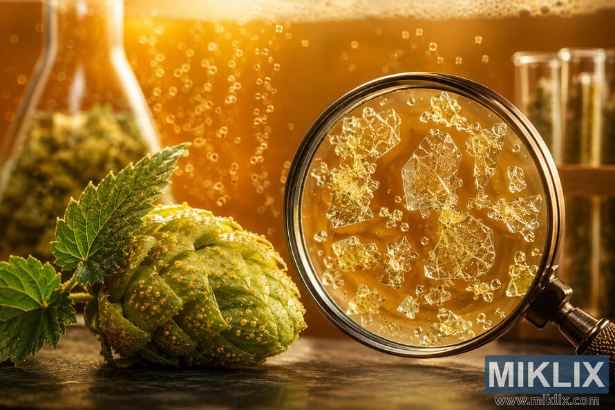 Close-up scientific illustration featuring a hop flower with visible resin glands, a magnifying lens highlighting crystalline alpha acid structures, and a warm amber background with soft bubbles, symbolizing the role of hop alpha acids in beer bitterness. Close-up scientific illustration featuring a hop flower with visible resin glands, a magnifying lens highlighting crystalline alpha acid structures, and a warm amber background with soft bubbles, symbolizing the role of hop alpha acids in beer bitterness.