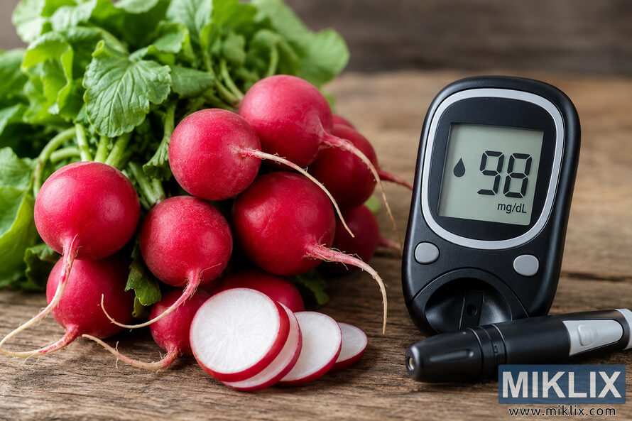 Fresh red radishes with leafy greens beside a generic blood glucose meter and lancing device on a rustic wooden table, illustrating healthy eating and blood sugar monitoring.