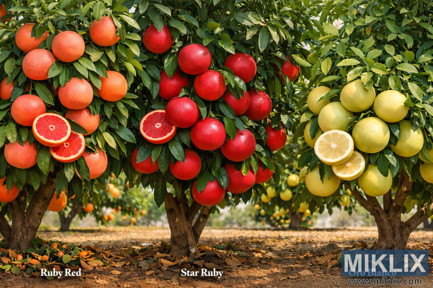Drie pomelobome in 'n boord wat Ruby Red, Star Ruby en Oro Blanco-variëteite met heel en gesnyde vrugte wys. Drie pomelobome in 'n boord wat Ruby Red, Star Ruby en Oro Blanco-variëteite met heel en gesnyde vrugte wys.