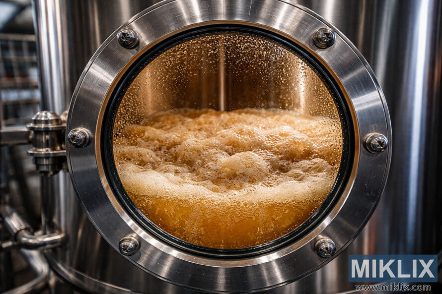 Close-up view through a round glass window of active lager fermentation with foamy krausen and bubbles inside a stainless steel brewery fermenter. Close-up view through a round glass window of active lager fermentation with foamy krausen and bubbles inside a stainless steel brewery fermenter.