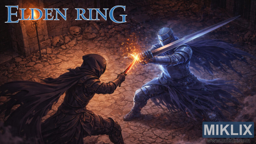 Tarnished in Black Knife armor battles Knight of the Solitary Gaol in Elden Ring fan art Tarnished in Black Knife armor battles Knight of the Solitary Gaol in Elden Ring fan art