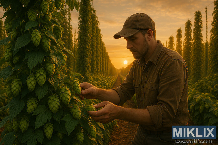 Un contadino ispeziona il luppolo in un campo autunnale illuminato dal sole, con i suoi tralci verdeggianti che si estendono a perdita d'occhio.