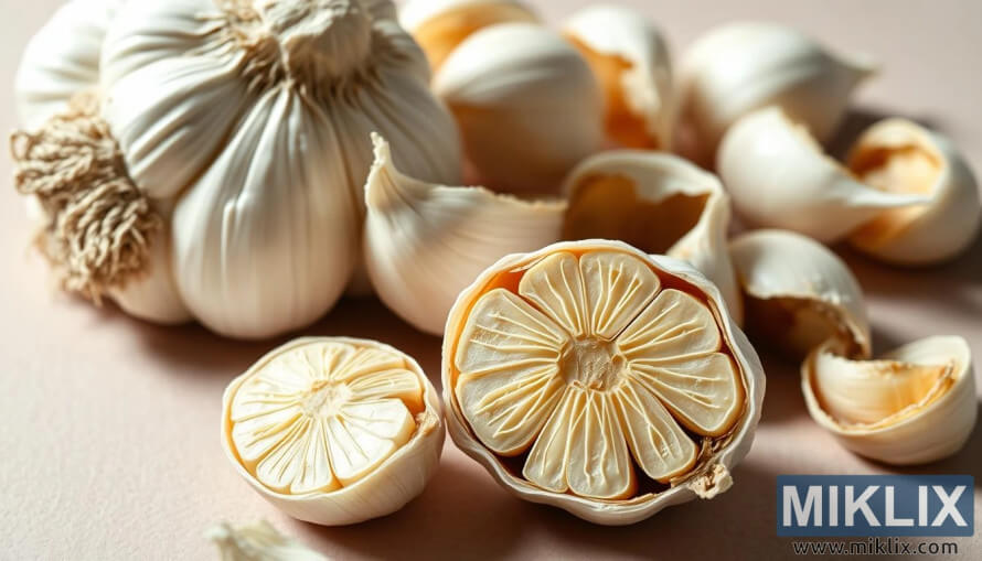 Close-up of fresh garlic bulb with peeled cloves and a cross-section showing ivory flesh. Close-up of fresh garlic bulb with peeled cloves and a cross-section showing ivory flesh.