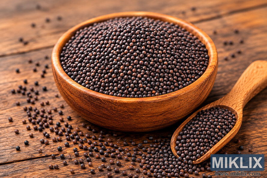 Close-up landscape photograph of black mustard seeds piled in a smooth wooden bowl resting on rustic burlap fabric over a wooden table, with warm natural lighting and a blurred wooden scoop in the background. Close-up landscape photograph of black mustard seeds piled in a smooth wooden bowl resting on rustic burlap fabric over a wooden table, with warm natural lighting and a blurred wooden scoop in the background.