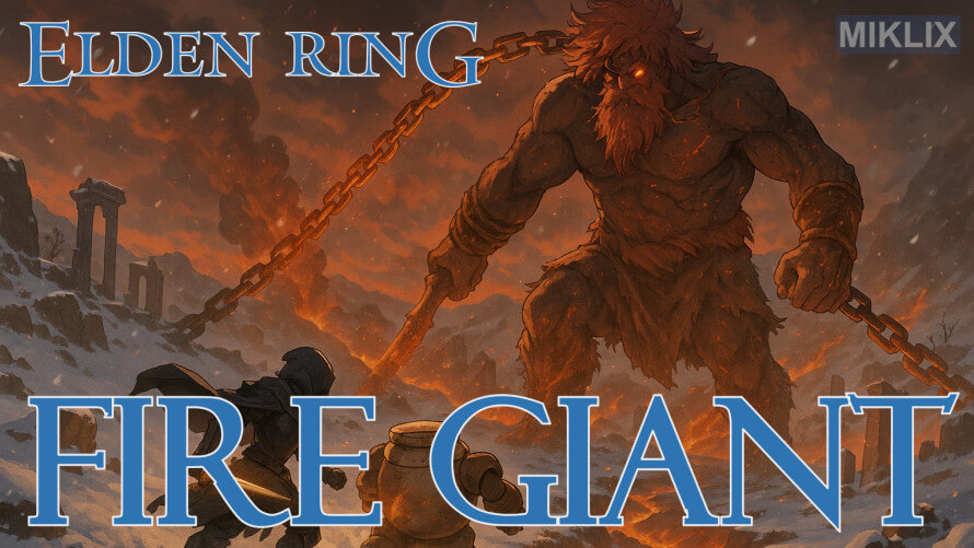 Fanart of the Fire Giant battle in Elden Ring featuring the player in Black Knife Armor and Alexander the Warrior Jar.