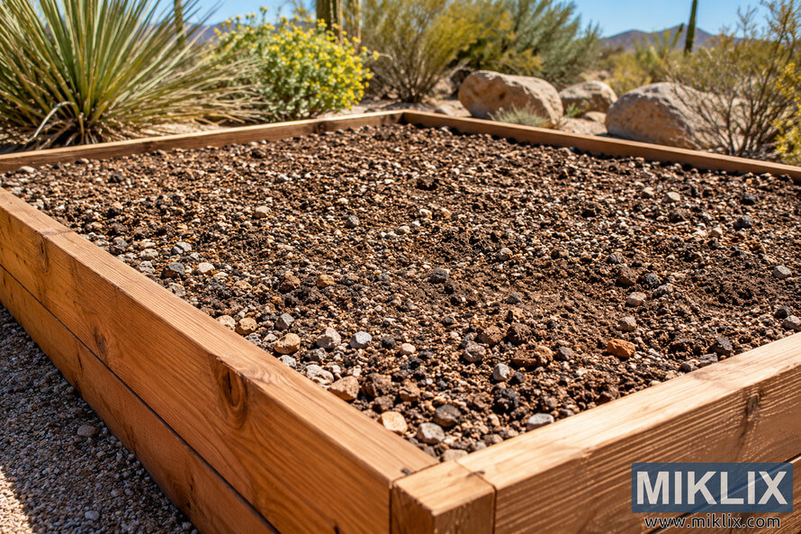 Wooden raised garden bed filled with coarse rocky soil, surrounded by desert plants, boulders, yellow flowers, and distant hills under a clear blue sky. Wooden raised garden bed filled with coarse rocky soil, surrounded by desert plants, boulders, yellow flowers, and distant hills under a clear blue sky.