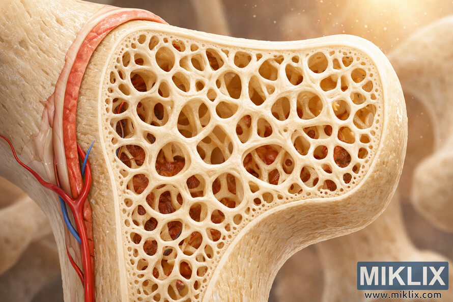 3D-rendered medical illustration of a healthy human bone in cross-section, showing dense cortical bone on the left, a thin pink periosteum with blood vessels on the outer surface, and an intricate lattice of creamy white trabecular bone filled with reddish bone marrow on the right, all lit by a warm glowing light with softly blurred bones in the background. 3D-rendered medical illustration of a healthy human bone in cross-section, showing dense cortical bone on the left, a thin pink periosteum with blood vessels on the outer surface, and an intricate lattice of creamy white trabecular bone filled with reddish bone marrow on the right, all lit by a warm glowing light with softly blurred bones in the background.